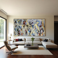 Jackson Pollock style abstract painting blue black gold splatter art large wall decor modern abstract contemporary painting on canvas