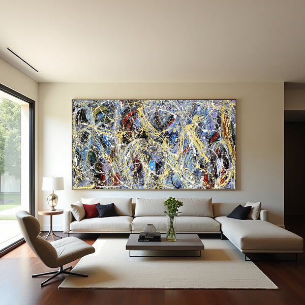 Jackson Pollock style abstract painting blue black gold splatter art large wall decor modern abstract contemporary painting on canvas