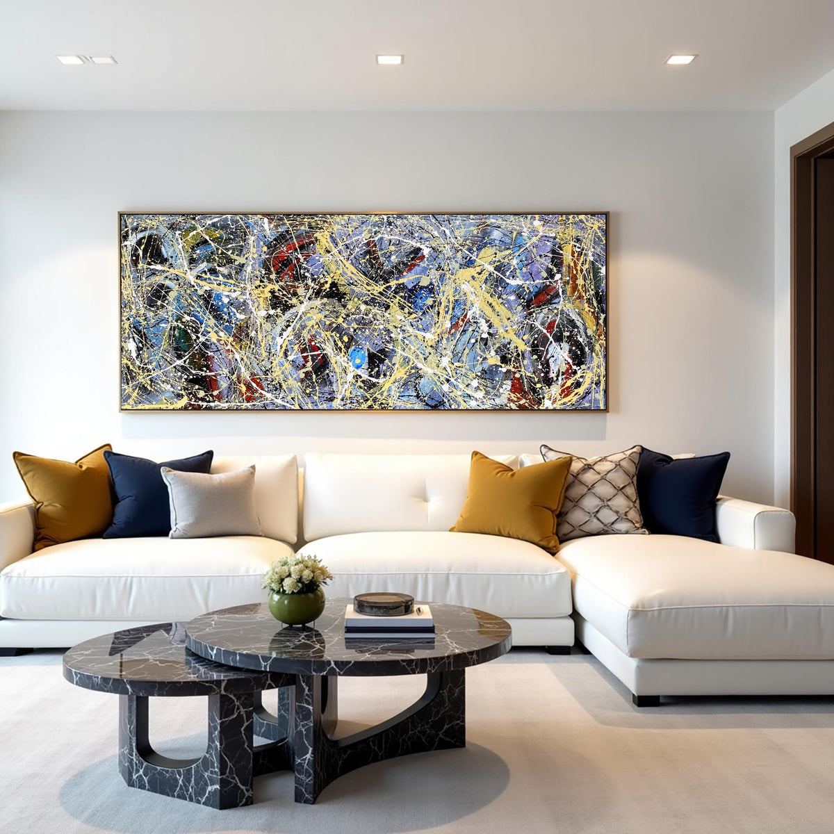 Jackson Pollock style abstract painting blue black gold splatter art large wall decor modern abstract contemporary painting on canvas