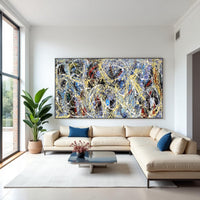 Jackson Pollock style abstract painting blue black gold splatter art large wall decor modern abstract contemporary painting on canvas