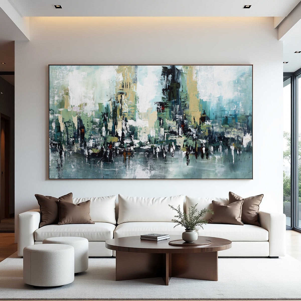 Teal Abstract Cityscape Painting – Modern Textured Wall Art
