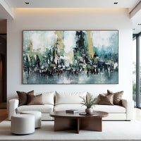 Teal Abstract Cityscape Painting – Modern Textured Wall Art
