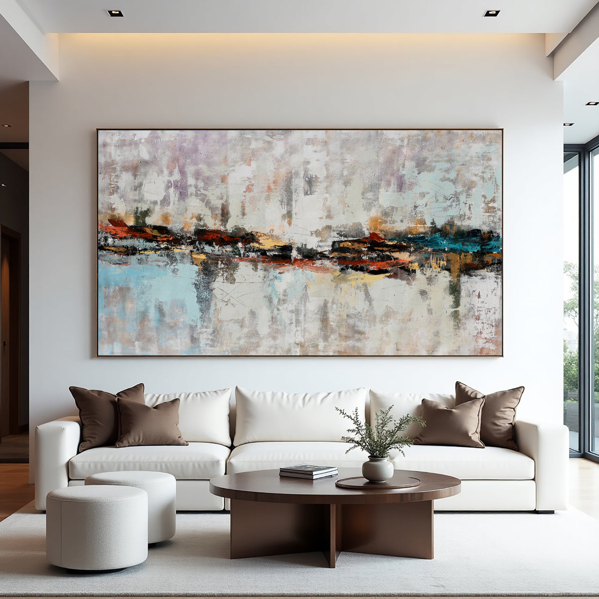 Neutral Abstract Cityscape Painting on Canvas – Original Hand-Painted Skyline Wall Art