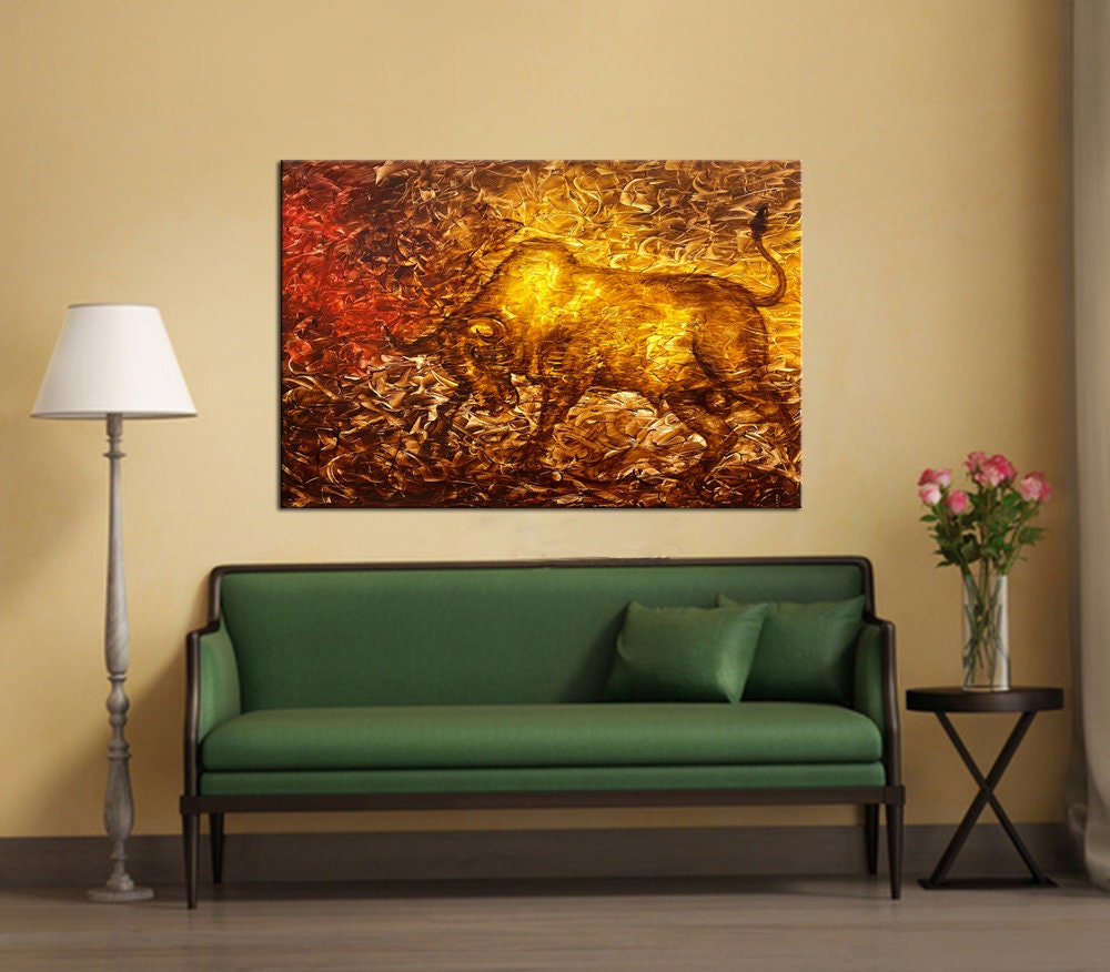 Figurative Bull painting brown and golden Portrait art on canvas, Animal, original wall art for home decor 36" x 48" inch Acrylic painting