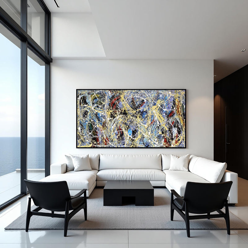 Jackson Pollock style abstract painting blue black gold splatter art large wall decor modern abstract contemporary painting on canvas