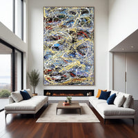 Jackson Pollock style abstract painting blue black gold splatter art large wall decor modern abstract contemporary painting on canvas