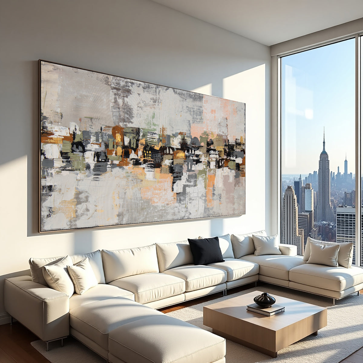 Abstract City Skyline Painting on Canvas – Hand-Painted Modern Cityscape Wall Art