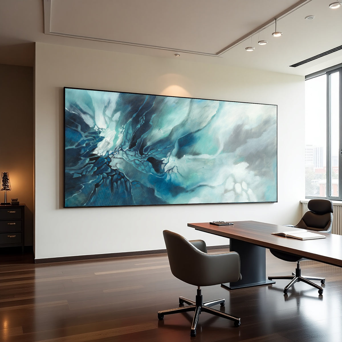 Aqua Blue Fluid Abstract Painting on Canvas