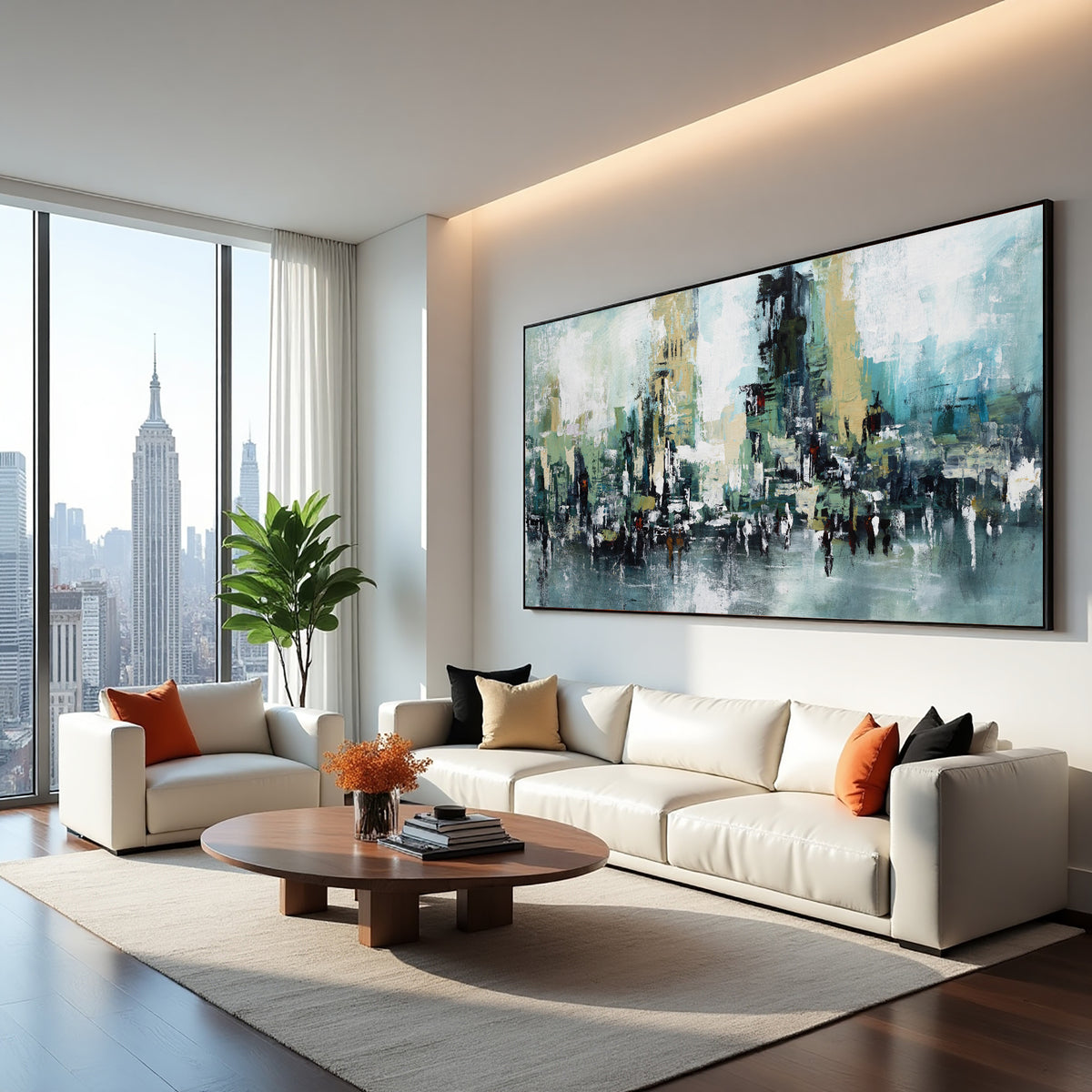 Teal Abstract Cityscape Painting – Modern Textured Wall Art