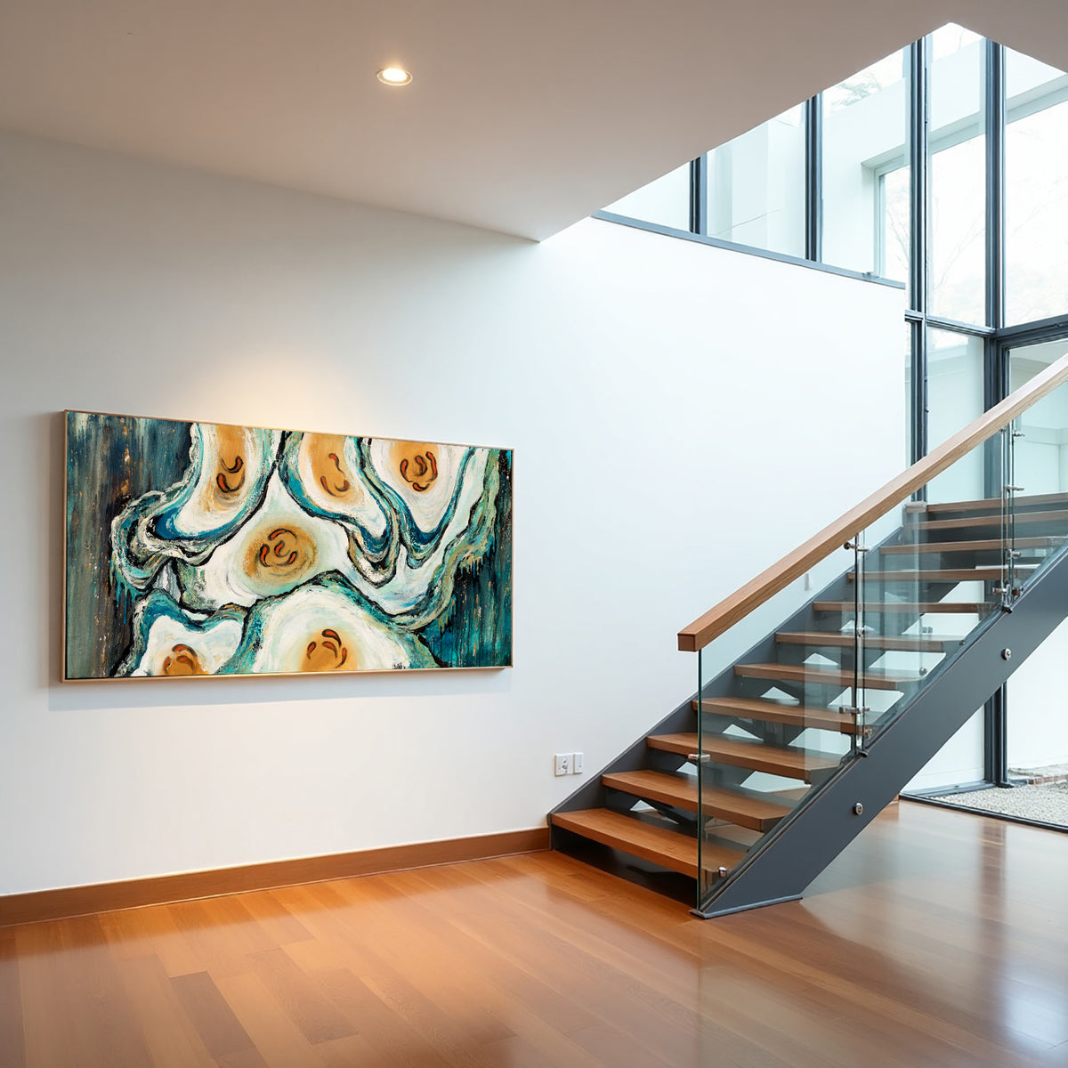Abstract Oyster Painting – Teal Coastal Wall Art, Hand-Painted Modern Canvas