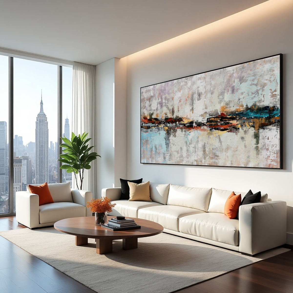 Neutral Abstract Cityscape Painting on Canvas – Original Hand-Painted Skyline Wall Art