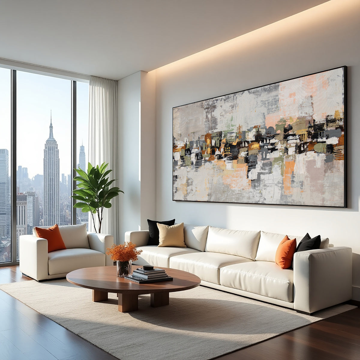 Abstract City Skyline Painting on Canvas – Hand-Painted Modern Cityscape Wall Art