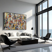 Premium abstract drip painting on canvas for sale, hand-painted Pollock-style wall art with bold colors