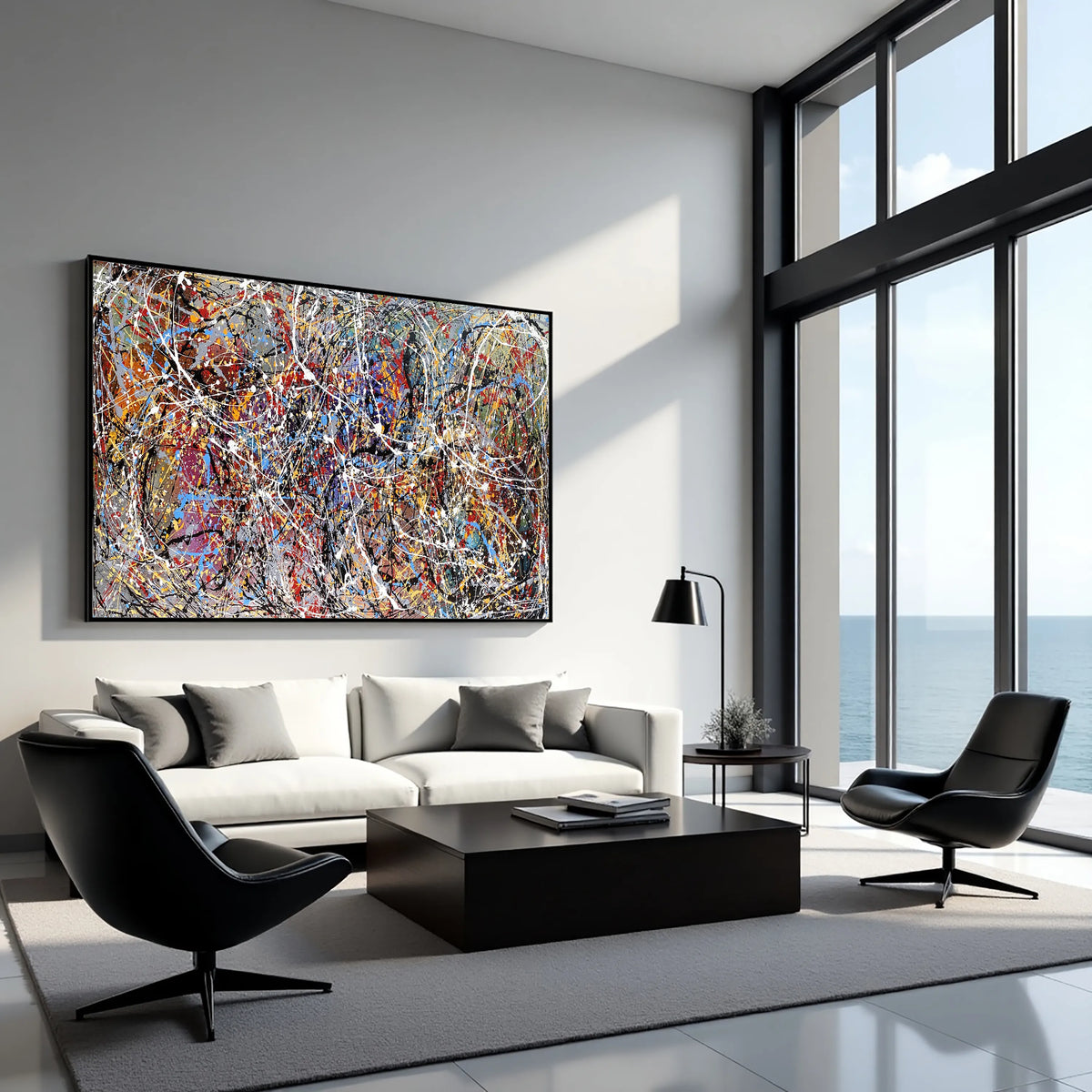 Buy Jackson Pollock–style abstract drip painting on canvas, colorful hand-painted wall art for living room