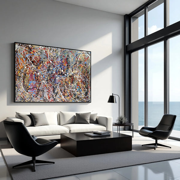 Buy Jackson Pollock–style abstract drip painting on canvas, colorful hand-painted wall art for living room