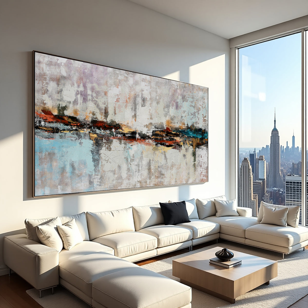 Neutral Abstract Cityscape Painting on Canvas – Original Hand-Painted Skyline Wall Art
