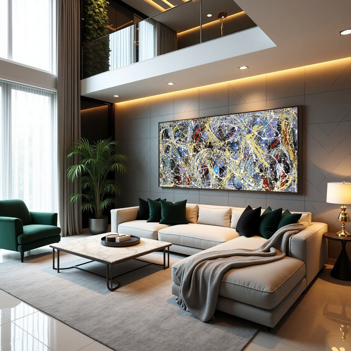 Jackson Pollock style abstract painting blue black gold splatter art large wall decor modern abstract contemporary painting on canvas