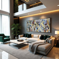 Jackson Pollock style abstract painting blue black gold splatter art large wall decor modern abstract contemporary painting on canvas