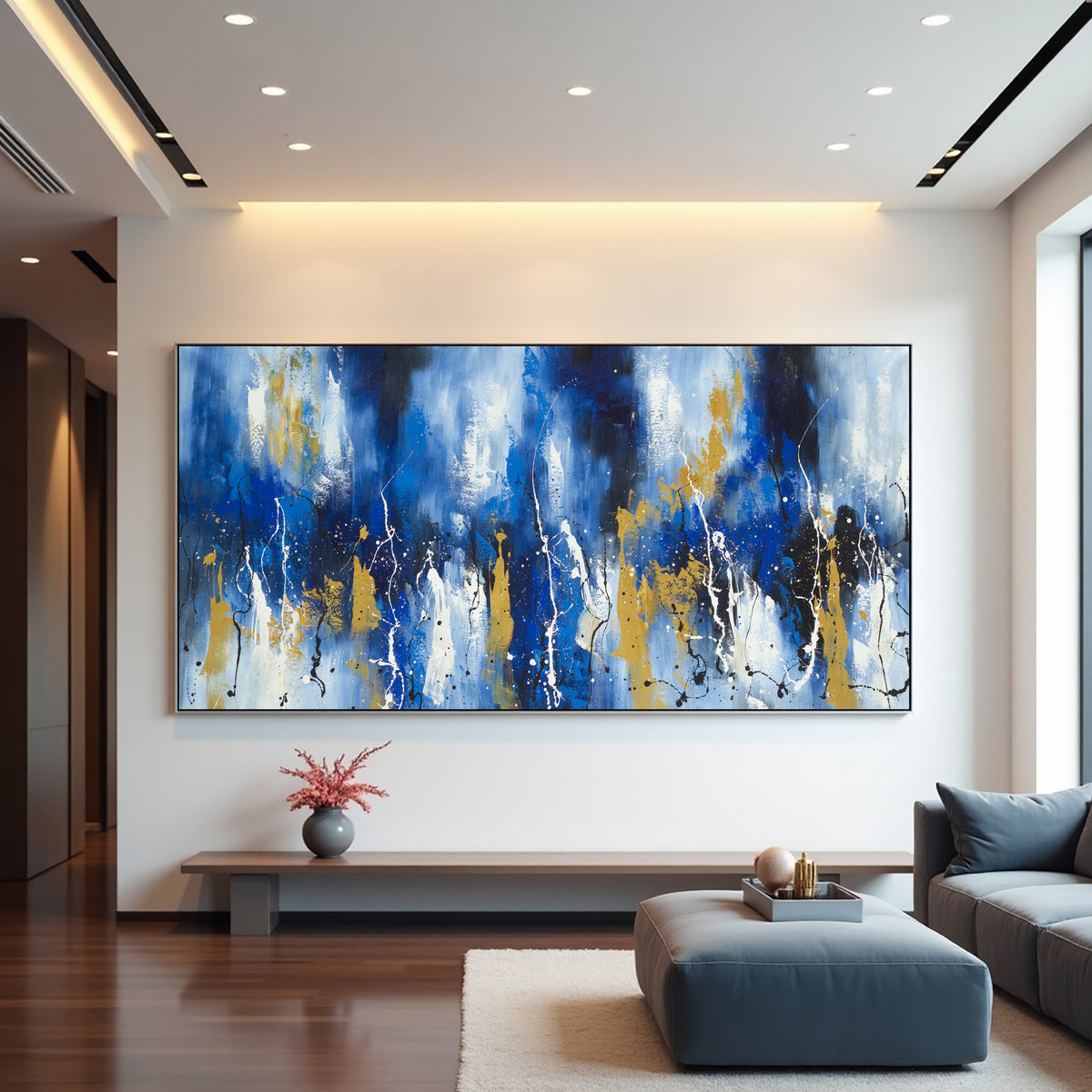 Blue Gold Luxury Abstract Painting on Canvas