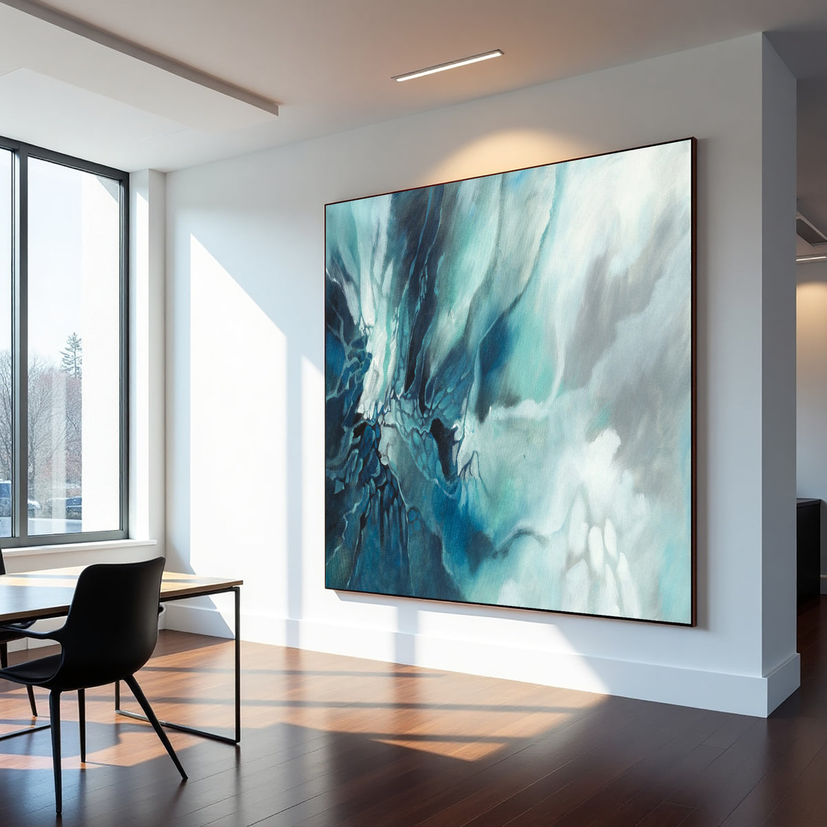 Aqua Blue Fluid Abstract Painting on Canvas