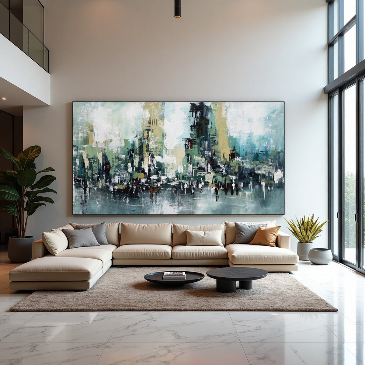 Teal Abstract Cityscape Painting – Modern Textured Wall Art