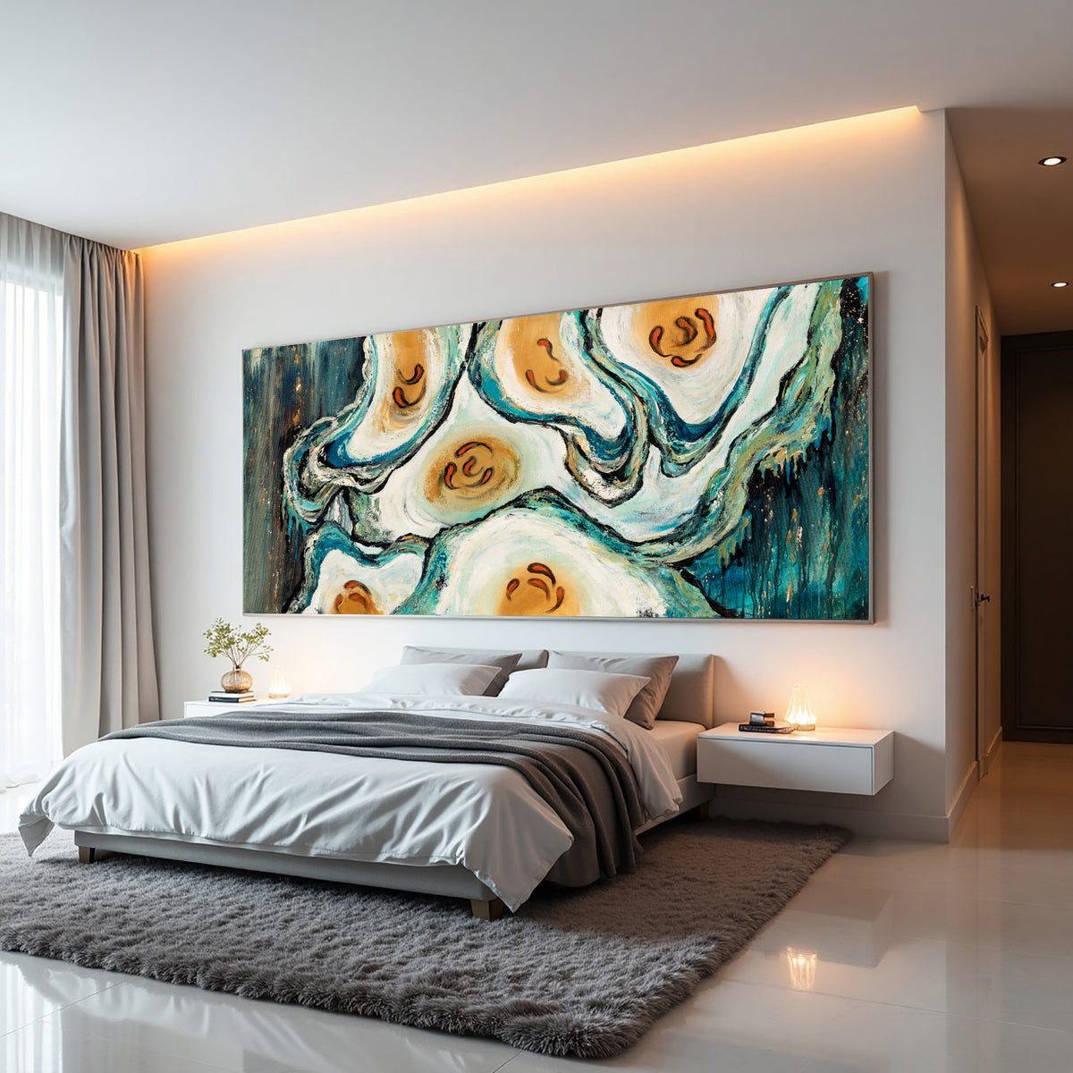 Abstract Oyster Painting – Teal Coastal Wall Art, Hand-Painted Modern Canvas