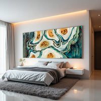 Abstract Oyster Painting – Teal Coastal Wall Art, Hand-Painted Modern Canvas