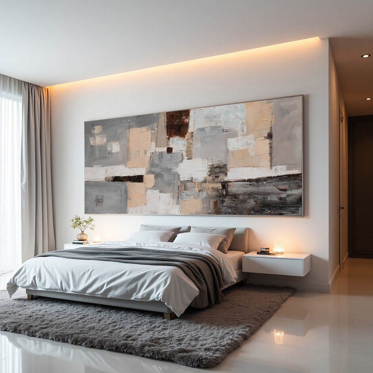 Grey Brown Abstract Painting – Hand-Painted Neutral Modern Canvas Wall Art