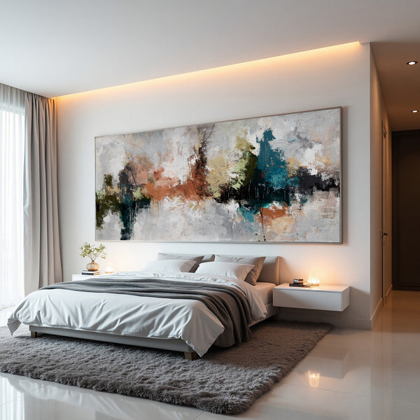Neutral Abstract Landscape Painting on Canvas – Original Hand-Painted Horizontal Wall Art
