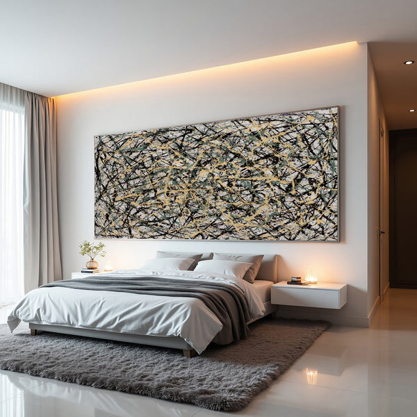 Jackson Pollock Style Black yellow Drip Painting – Hand-Painted Abstract Splatter Canvas Art