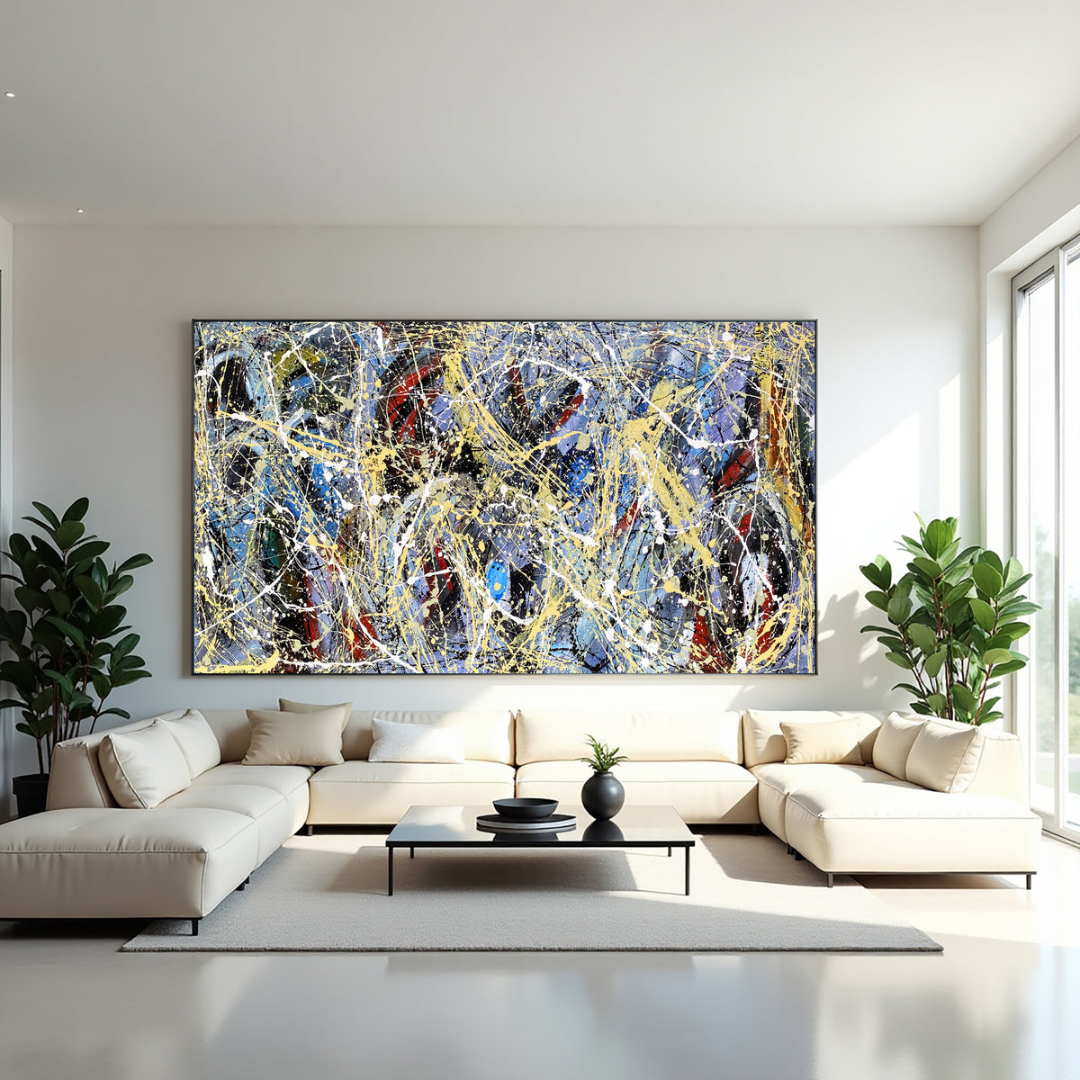 Jackson Pollock style abstract painting blue black gold splatter art large wall decor modern abstract contemporary painting on canvas