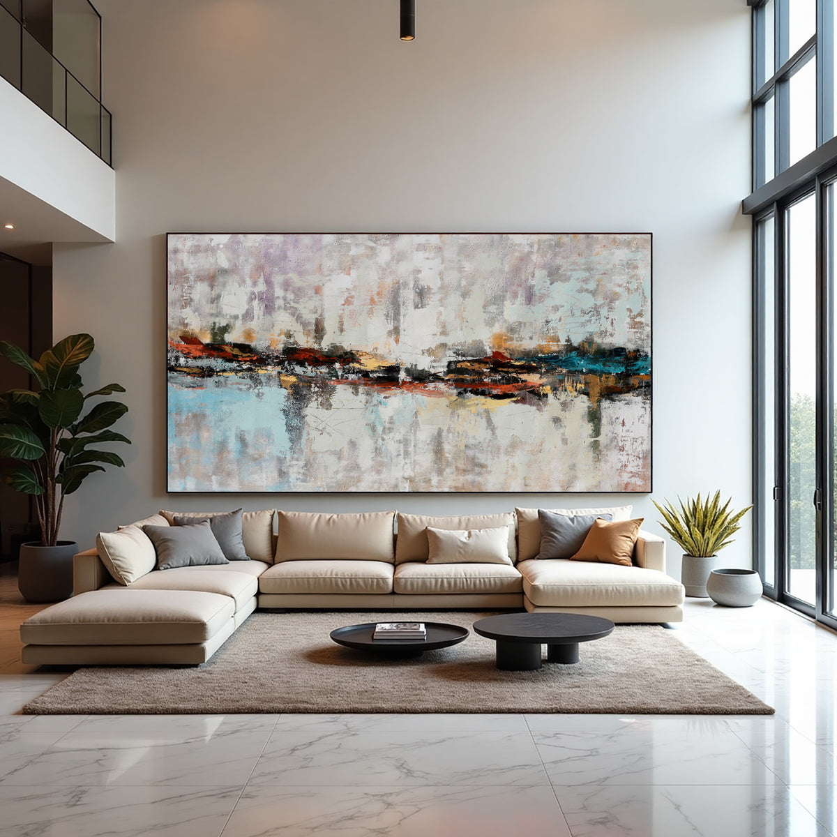 Neutral Abstract Cityscape Painting on Canvas – Original Hand-Painted Skyline Wall Art