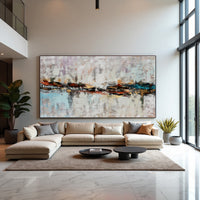 Neutral Abstract Cityscape Painting on Canvas – Original Hand-Painted Skyline Wall Art