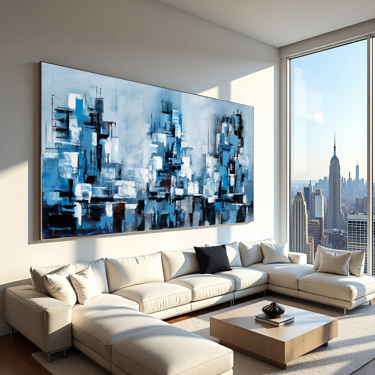 Aqua Abstract Cityscape Painting on Canvas