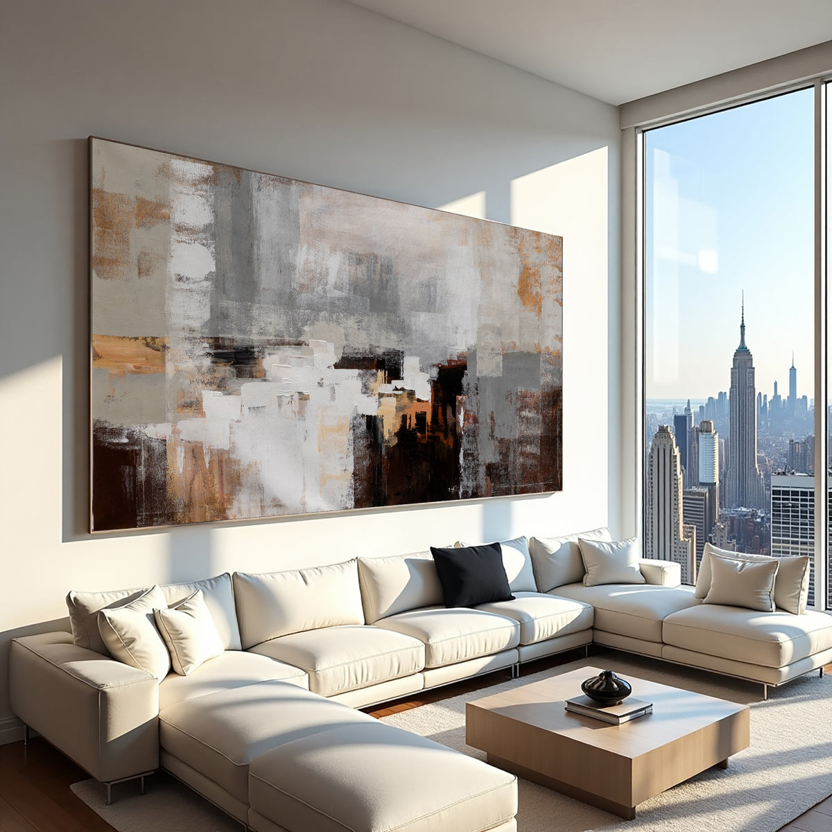 Neutral Abstract Painting with Teal & Earth Tones – Modern Textured Wall Art