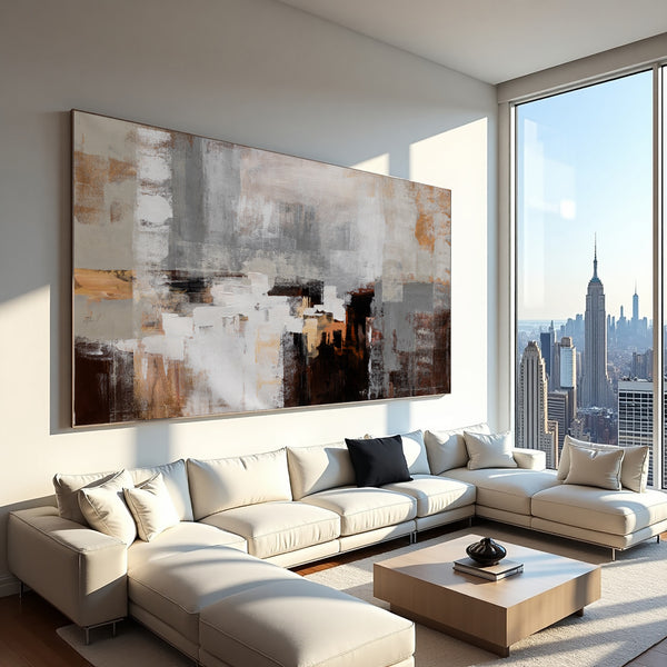 Neutral Abstract Painting with Teal & Earth Tones – Modern Textured Wall Art