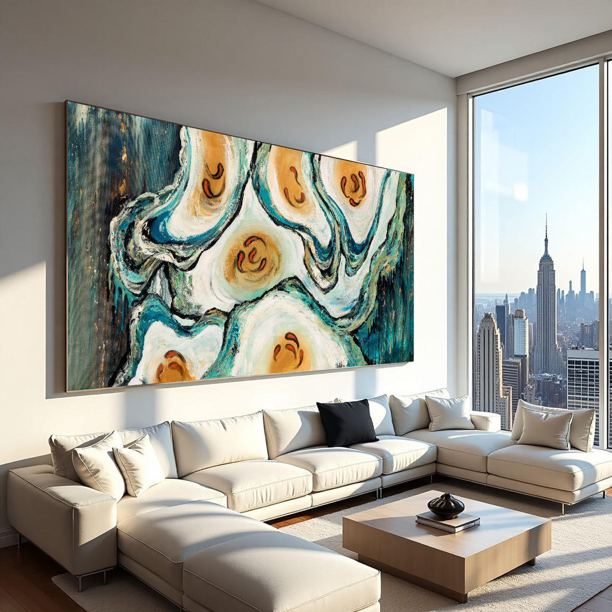 Abstract Oyster Painting – Teal Coastal Wall Art, Hand-Painted Modern Canvas