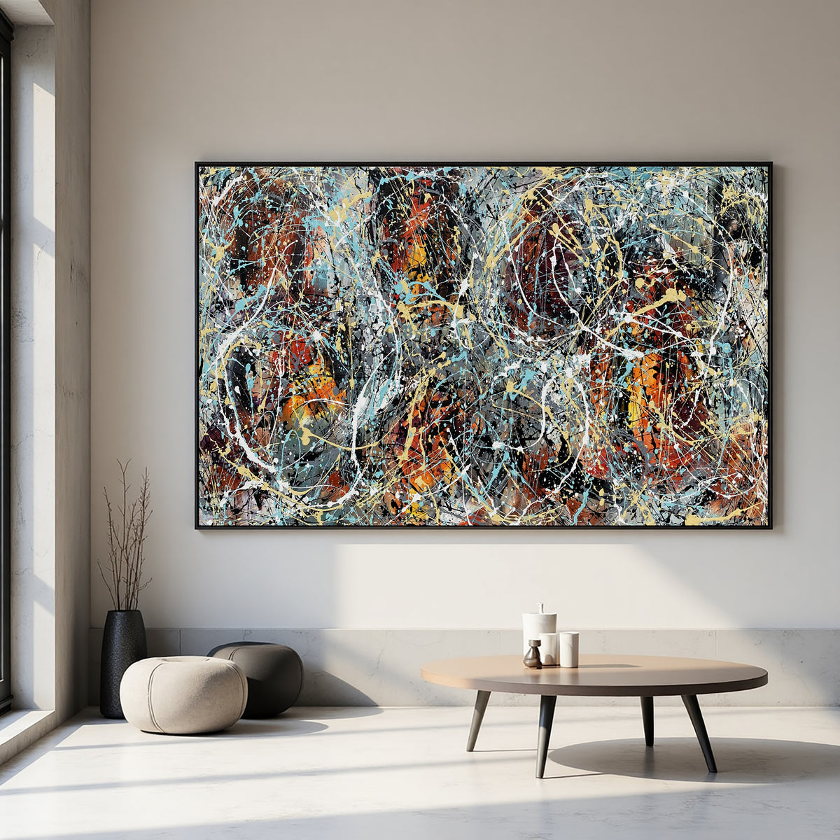 Jackson Pollock–Inspired Abstract Drip Painting on Canvas – Original Hand-Painted Modern Wall Art (Luxurious Strings 04)