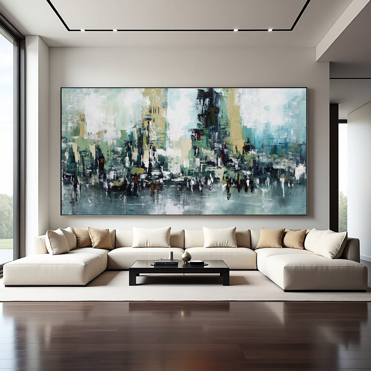 Teal Abstract Cityscape Painting – Modern Textured Wall Art