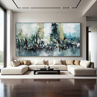 Teal Abstract Cityscape Painting – Modern Textured Wall Art
