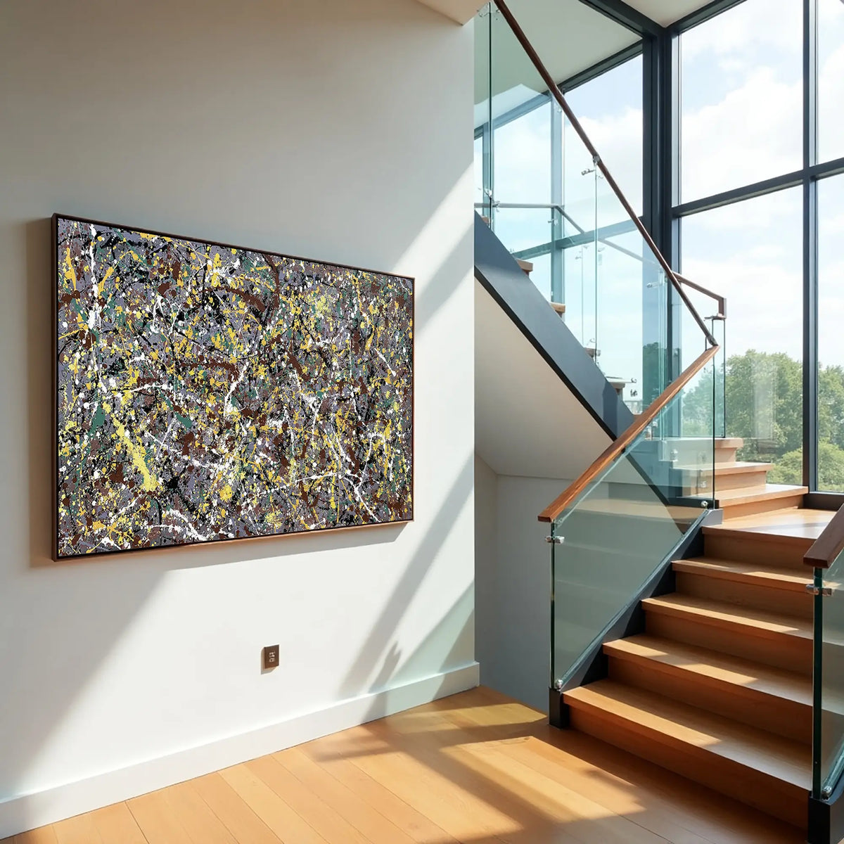 Original hand-painted abstract drip painting for sale, Pollock-style contemporary canvas wall art for modern interiors