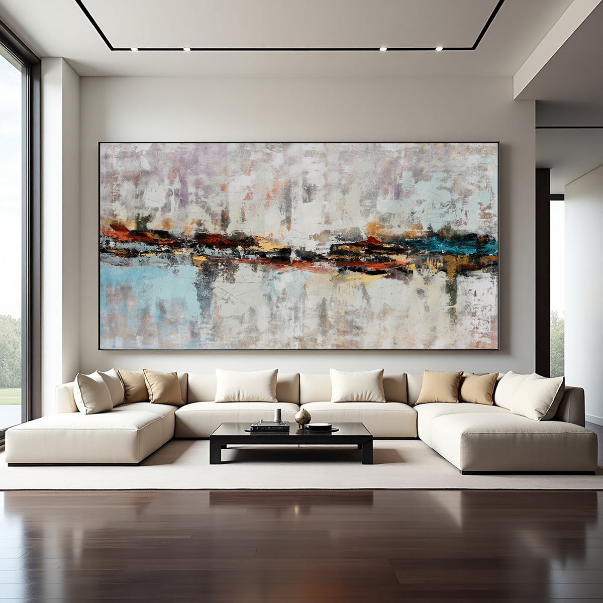 Neutral Abstract Cityscape Painting on Canvas – Original Hand-Painted Skyline Wall Art