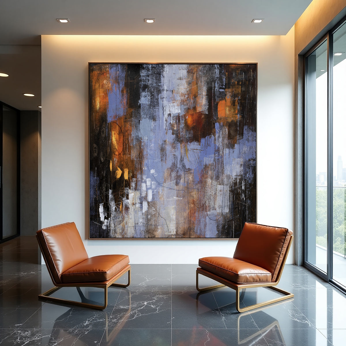 Blue Brown Abstract Painting on Canvas – Original Hand-Painted Modern Wall Art
