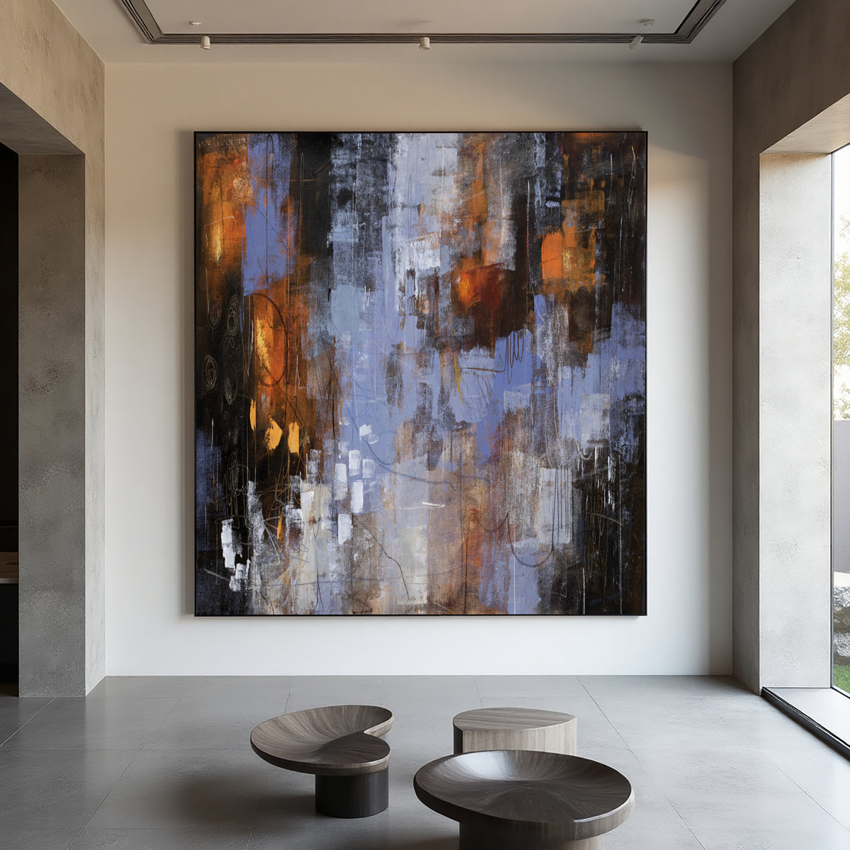 Blue Brown Abstract Painting on Canvas – Original Hand-Painted Modern Wall Art