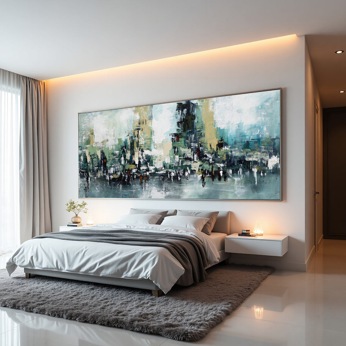 Teal Abstract Cityscape Painting – Modern Textured Wall Art