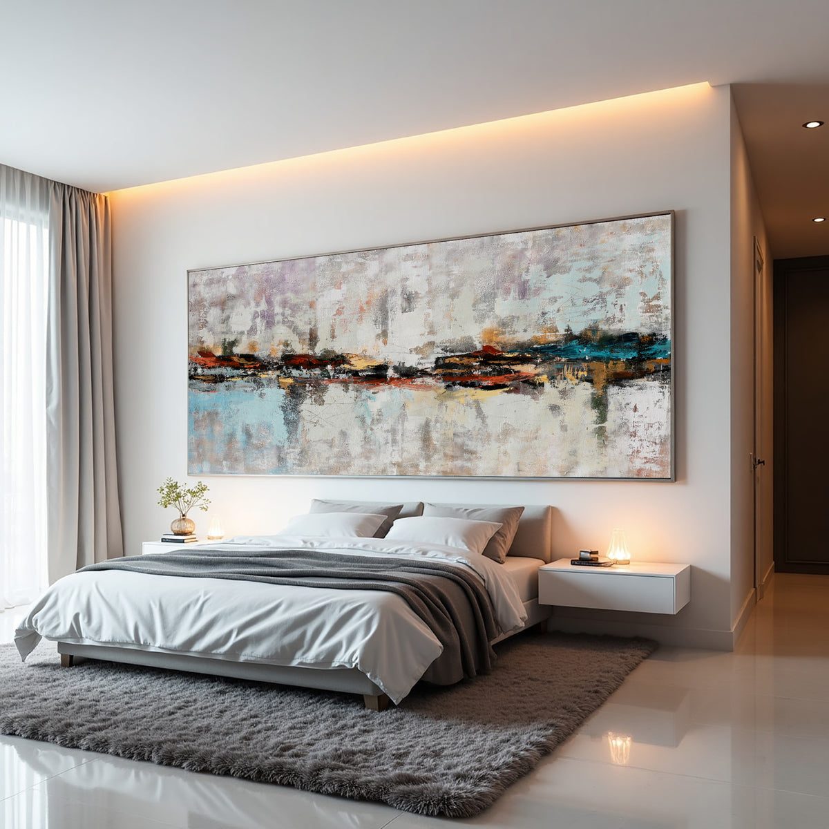 Neutral Abstract Cityscape Painting on Canvas – Original Hand-Painted Skyline Wall Art