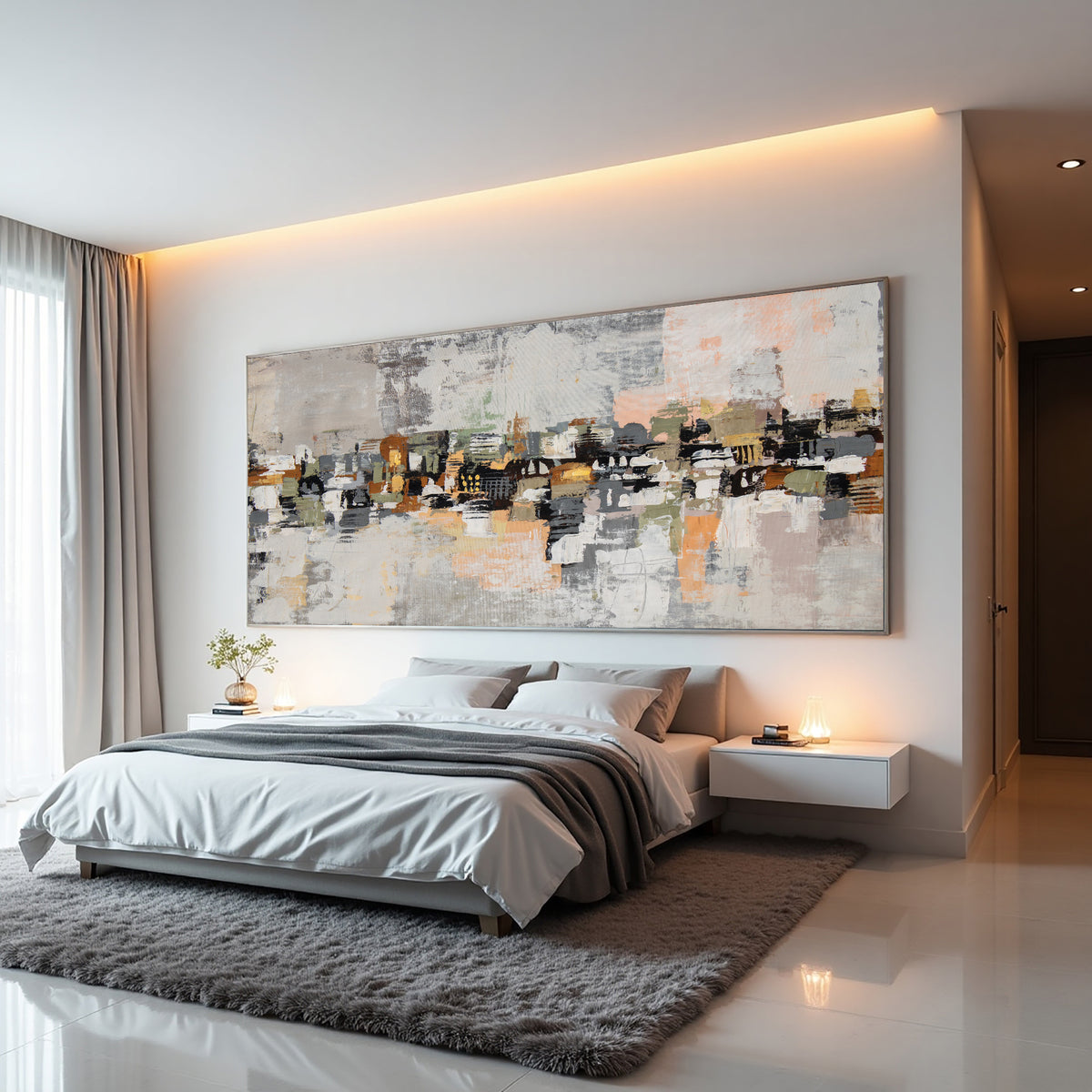 Abstract City Skyline Painting on Canvas – Hand-Painted Modern Cityscape Wall Art