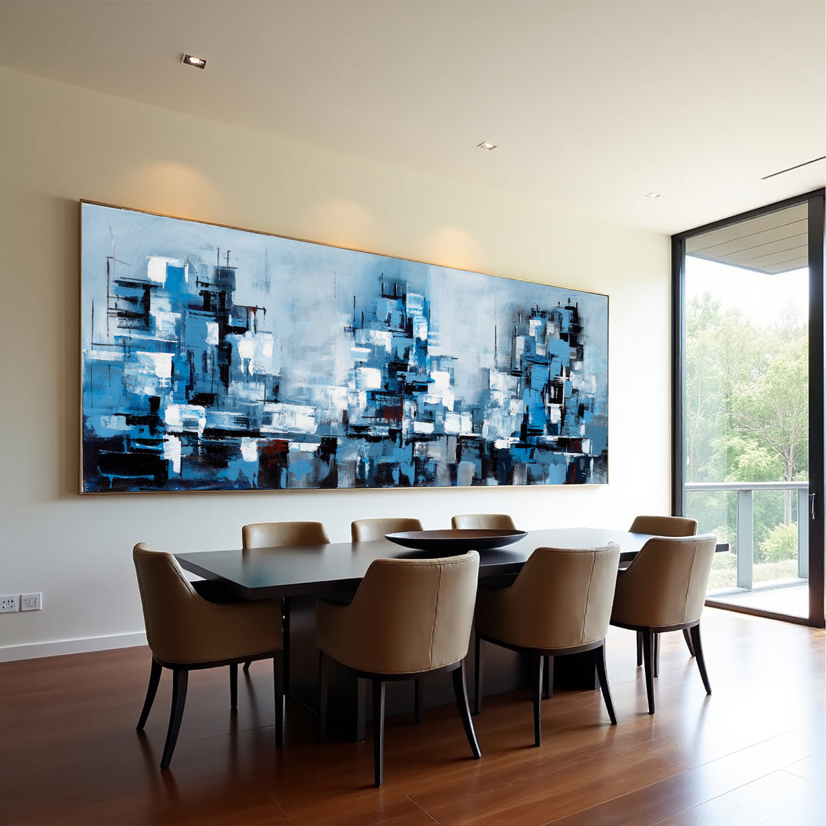 Aqua Abstract Cityscape Painting on Canvas