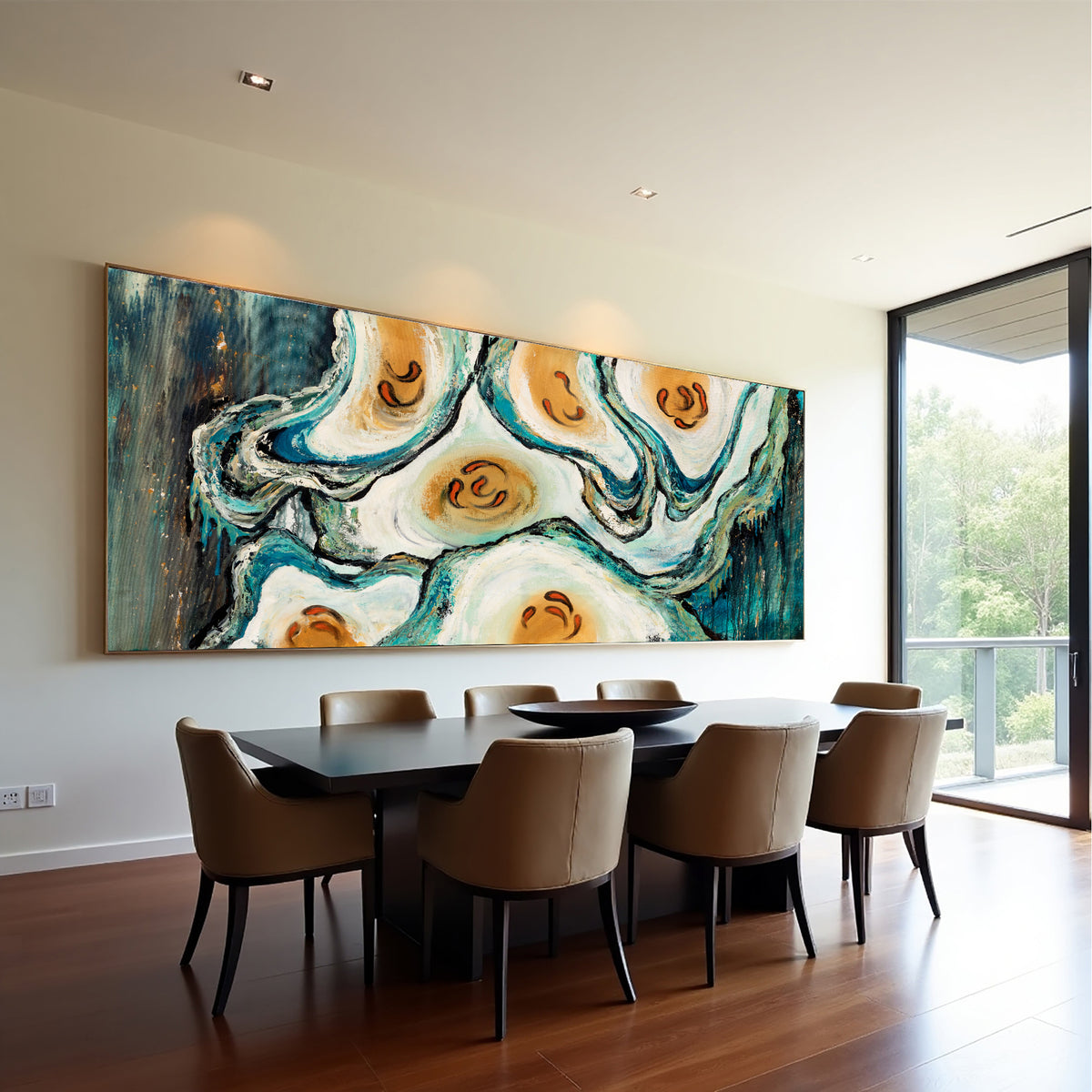 Abstract Oyster Painting – Teal Coastal Wall Art, Hand-Painted Modern Canvas