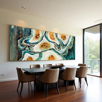 Abstract Oyster Painting – Teal Coastal Wall Art, Hand-Painted Modern Canvas